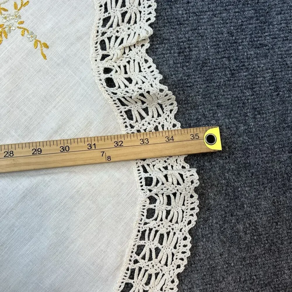 Vintage Embroidered Butterfly Doily Lace Edge Linen Table Topper Hand Made